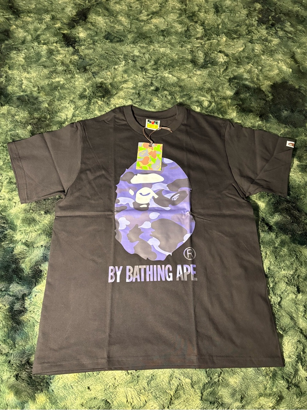 Bape Black Tee with Purple Camo Ape Head
